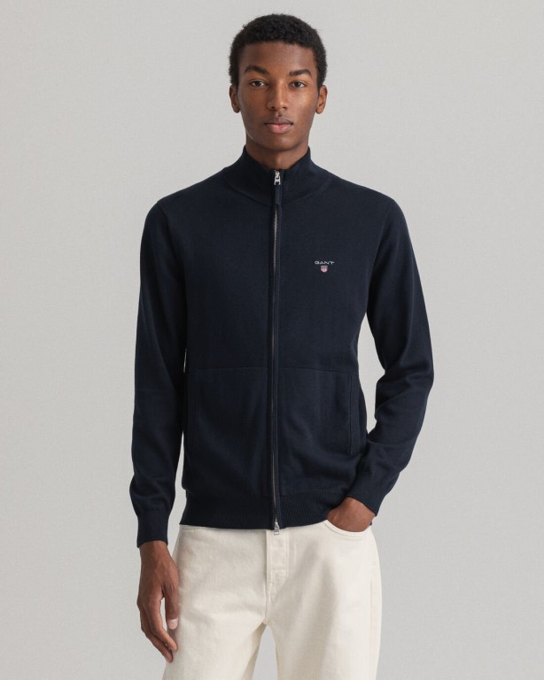 Tricotaje Barbati Gant Clasici Bumbac Zip Cardigan Albastri | hFlKdEl4nwH