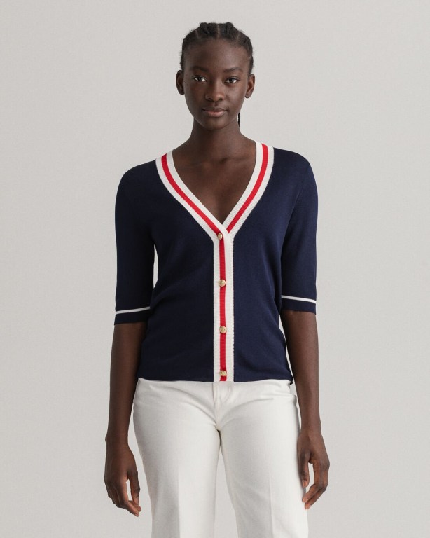 Tricotaje Dama Gant Contrast Border Cardigan Top Albastri | 8eXsHJHfJwq