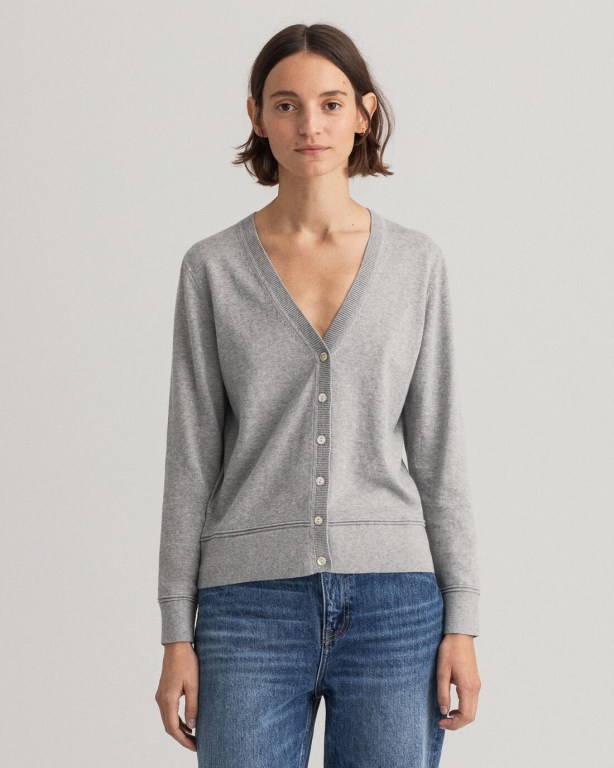 Tricotaje Dama Gant Light Bumbac V-Neck Cardigan Gri | 7k05sCdw7M2