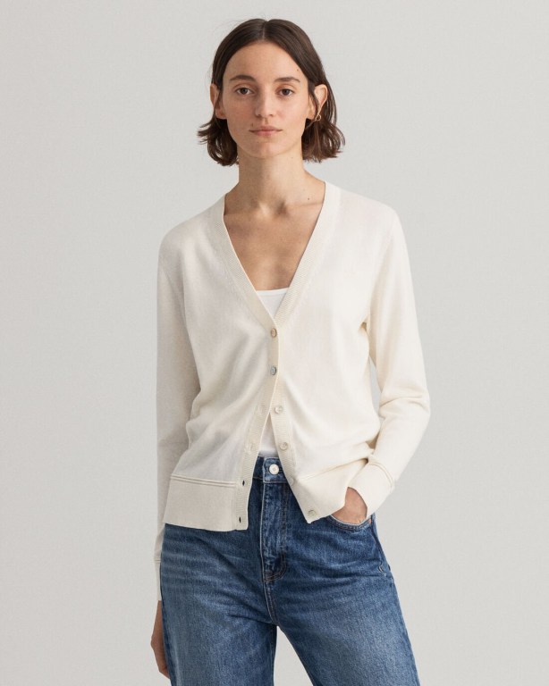 Tricotaje Dama Gant Light Bumbac V-Neck Cardigan Albi | UHJFSJeCN6Q