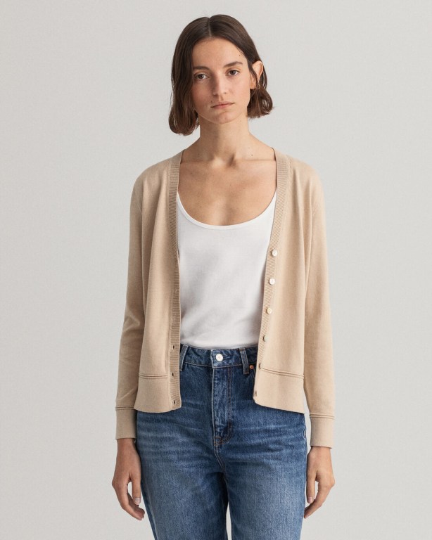 Tricotaje Dama Gant Light Bumbac V-Neck Cardigan Galbeni Deschis | mQjPnflsW67