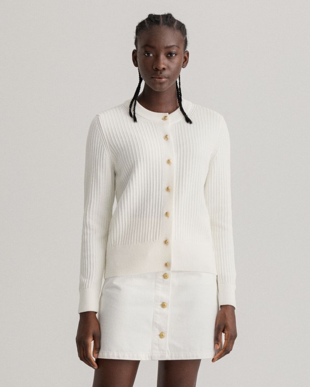 Tricotaje Dama Gant Ribbed Piqué Cardigan Albi | 46M9xIX5WDh