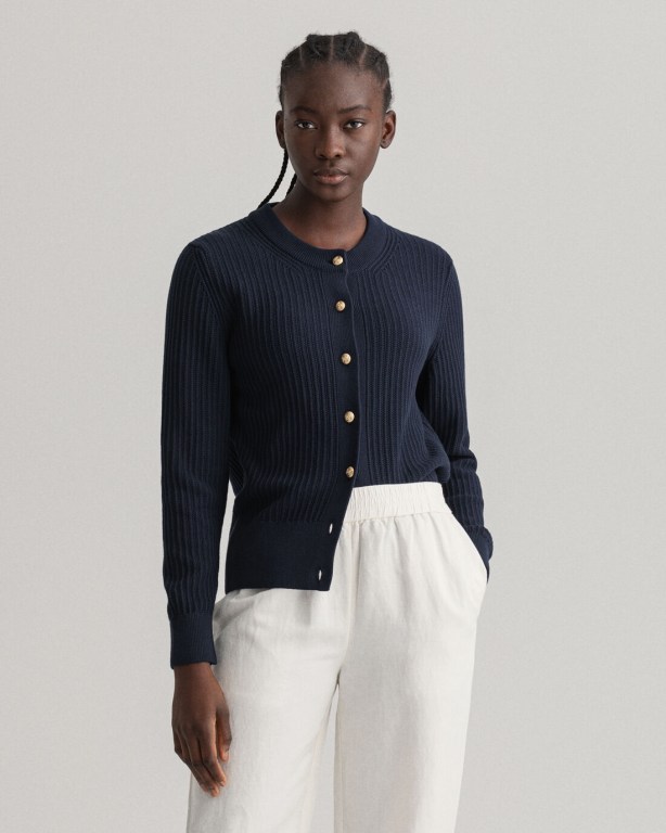 Tricotaje Dama Gant Ribbed Piqué Cardigan Albastri | XK7nUpA3tWg