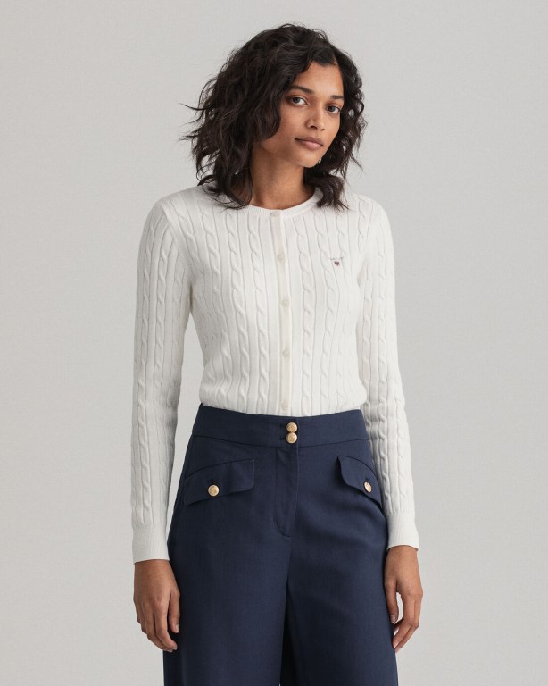 Tricotaje Dama Gant Stretch Bumbac Cable Cardigan Albi | SF2LEbp1Ohj