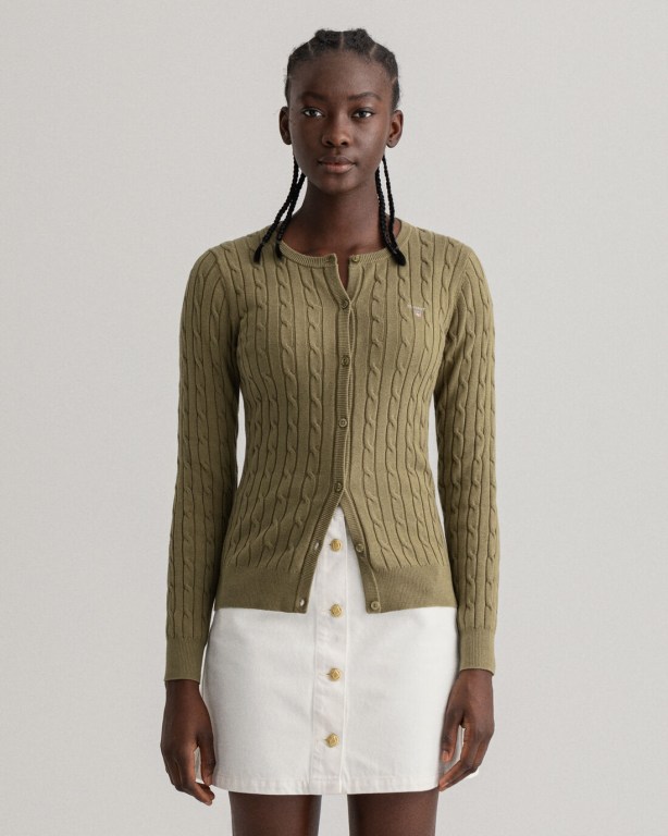 Tricotaje Dama Gant Stretch Bumbac Cable Cardigan Verzi | XDaBf34J1vq