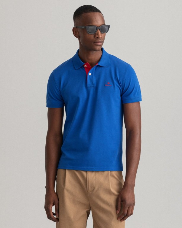 Tricou Polo Barbati Gant Contrast Color Piqué Albastri | VZ6Ik1X5Poz