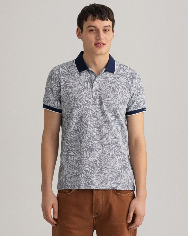 Tricou Polo Barbati Gant Leaf Print Piqué Albastri | FN3il1VEsI2