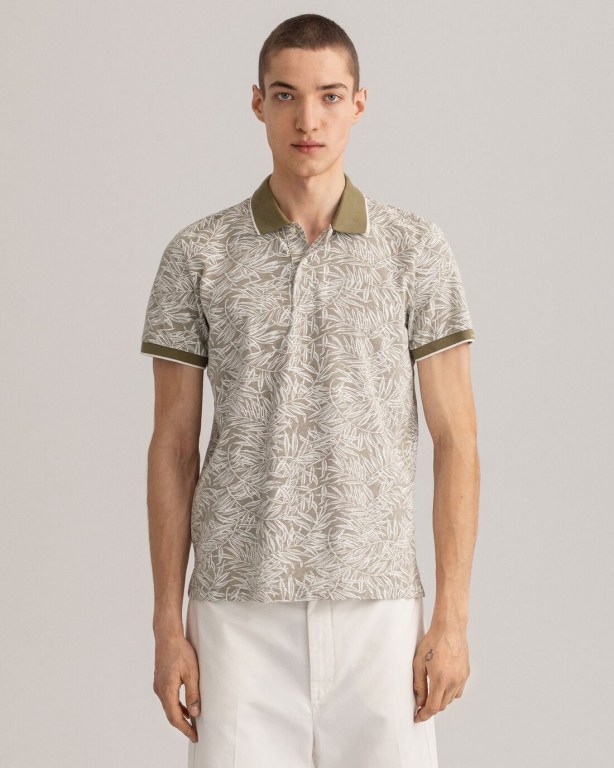 Tricou Polo Barbati Gant Leaf Print Piqué Verzi | yxkgWH2WxNJ